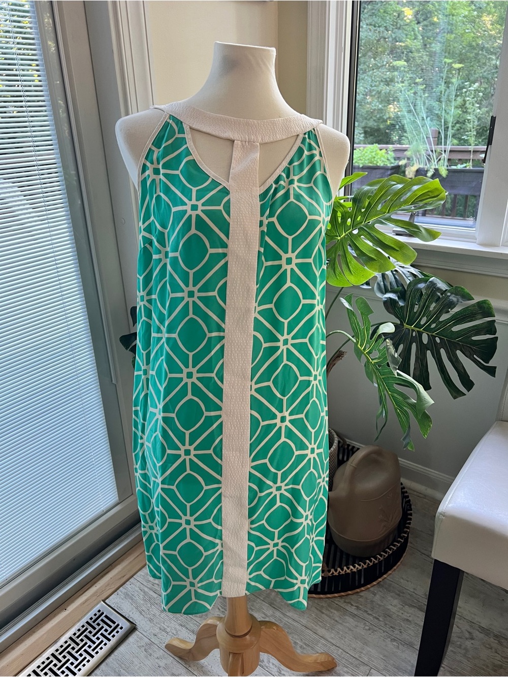 Alice & Trixie Silk Teal and White Geometric Sleeveless Halter Neck Shift Dress